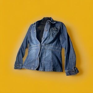 AXCESS Women's XL Jean Jacket Liz Claiborne Stretch Blue Denim Pockets Button Up